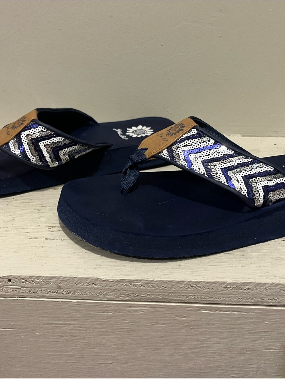 Yellow Box Navy and White Beaded Chevron Toe-Post Sandals - Picture 3 of 5